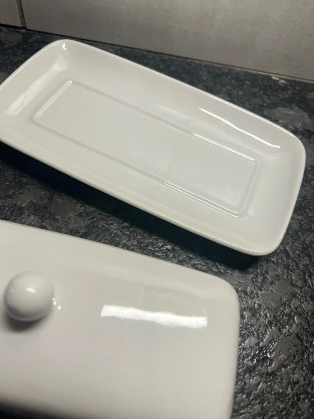 Corelle SPLENDOR covered butter dish pattern. Red and gray scroll pattern.